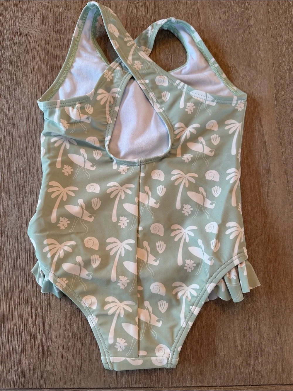 Girls' Mint Green Palm-Print One-Piece Swimsuit with Ruffle Trim